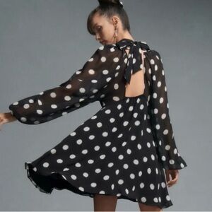 NWT Anthropologie Maeve Long-Puff Sleeve Polka Dot Mini Dress Medium Black White